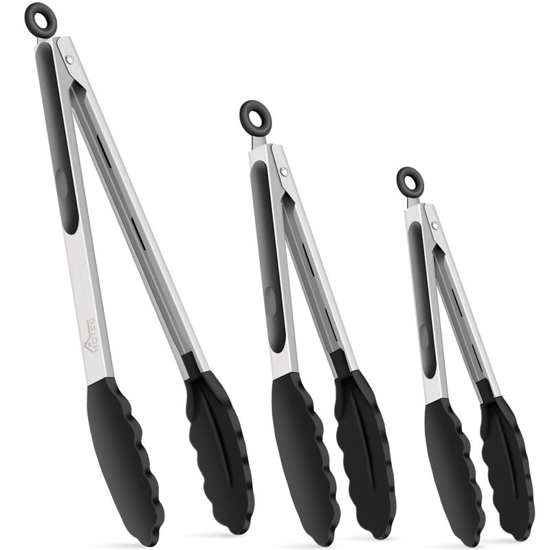 HOTEC Premium Stainless Steel Locking Kitchen Tongs with Silicon Tips, Heat Resistant Cooking Tongs Set of 3-7", 9" and 12" (Black) - Image 1